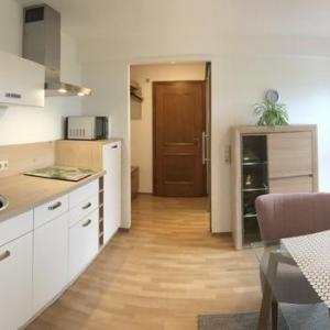 Moderne Küchenzeile mit weißer Einrichtung und Holzboden - Ferienwohnung (#16)