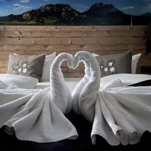 Doppelzimmer mit Doppelbet, wo zwei Handtuchschwäne zu sehen sind